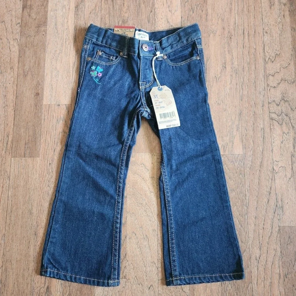 OshKosh Bgosh Toddler Girls 3T Dark Wash Embroidered Floral Jeans Adj. Waist 312